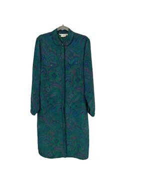 Vintage Dress Women's 16 Button Up Shirtdress Long Sleeve Green Paisley